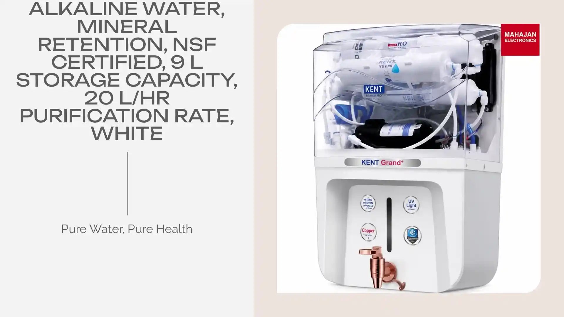 KENT Grand Plus Alkaline + Copper RO Water Purifier with RO + UV + UF Technology, TDS Control, UV in Tank, Copper &amp; Alkaline Water, Mineral Retention, NSF Certified, 9 L Storage Capacity, 20 L/hr Purification Rate, White by@Outfy