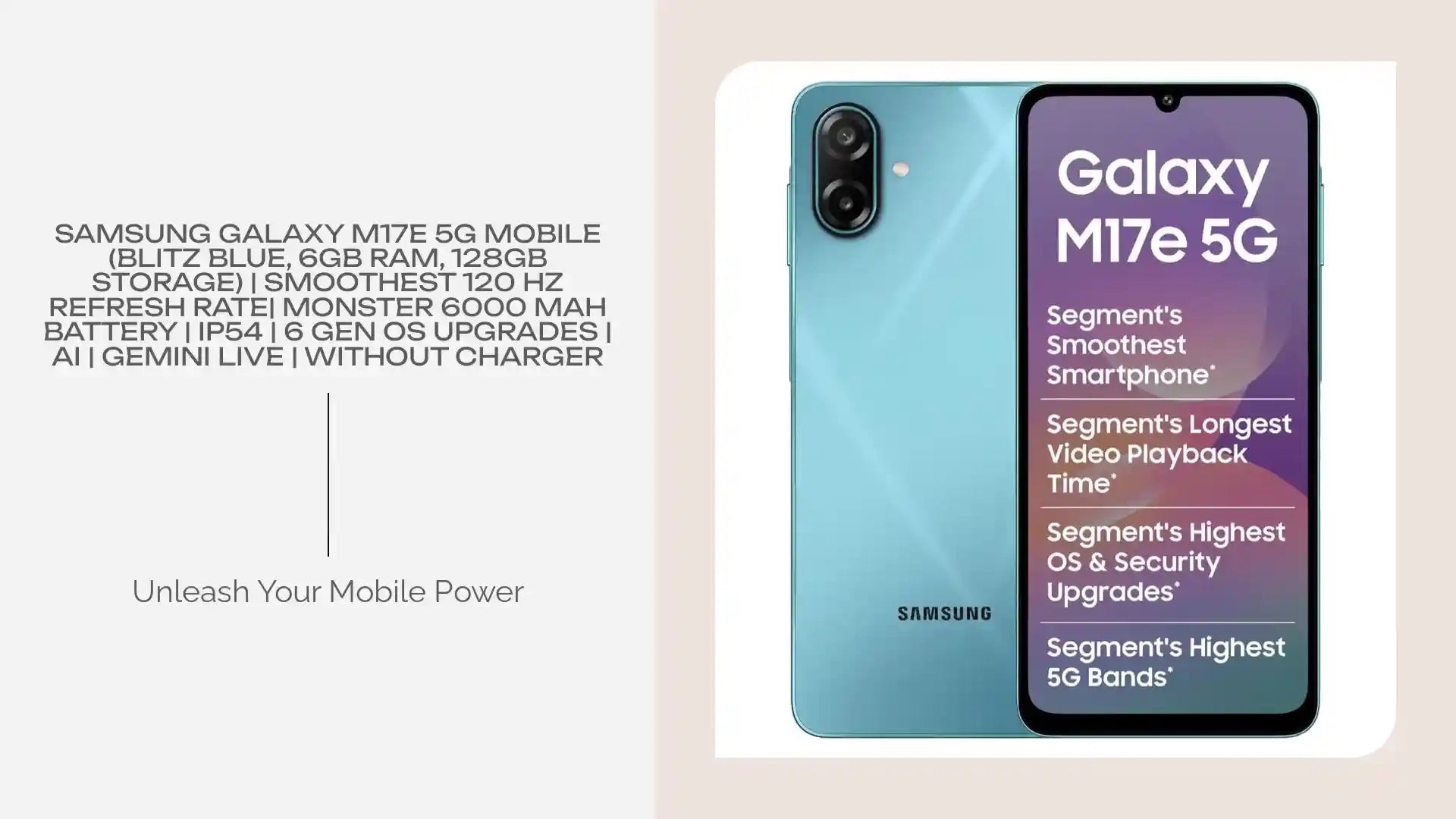 Samsung Galaxy M17e 5G Mobile (Blitz Blue, 6GB RAM, 128GB Storage) | Smoothest 120 Hz Refresh Rate| Monster 6000 mAh Battery | IP54 | 6 Gen OS Upgrades | AI | Gemini Live | Without Charger by@Outfy