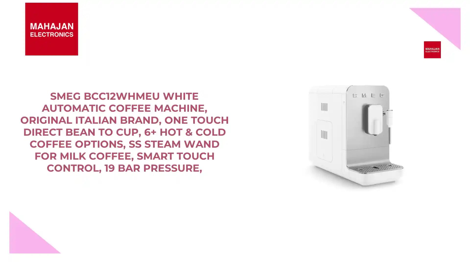 Smeg BCC12WHMEU White Automatic Coffee Machine, Original Italian Brand, One Touch Direct Bean to Cup, 6+ Hot &amp; Cold Coffee Options, SS Steam Wand for Milk Coffee, Smart Touch Control, 19 Bar Pressure, by@Outfy