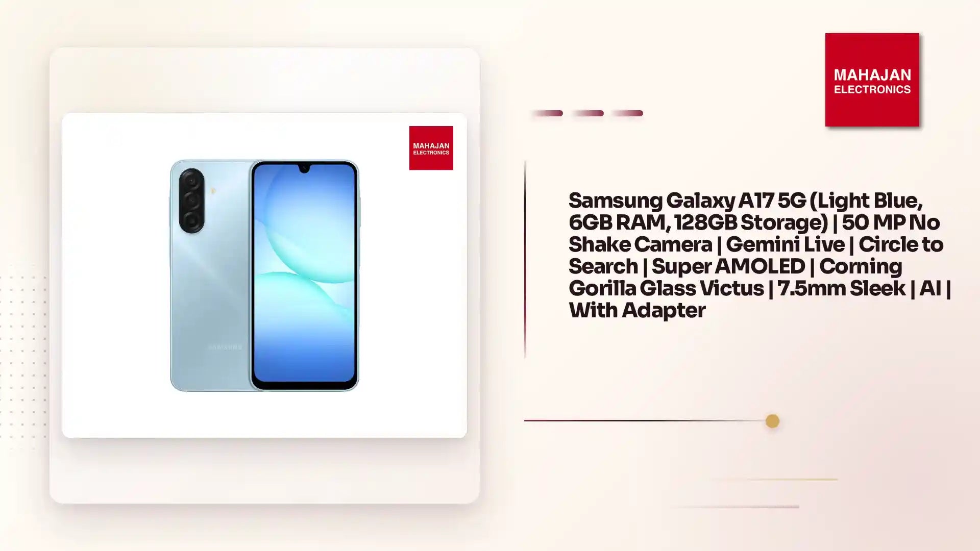 Samsung Galaxy A17 5G (Light Blue, 6GB RAM, 128GB Storage) | 50 MP No Shake Camera | Gemini Live | Circle to Search | Super AMOLED | Corning Gorilla Glass Victus | 7.5mm Sleek | AI | With Adapter by@Outfy