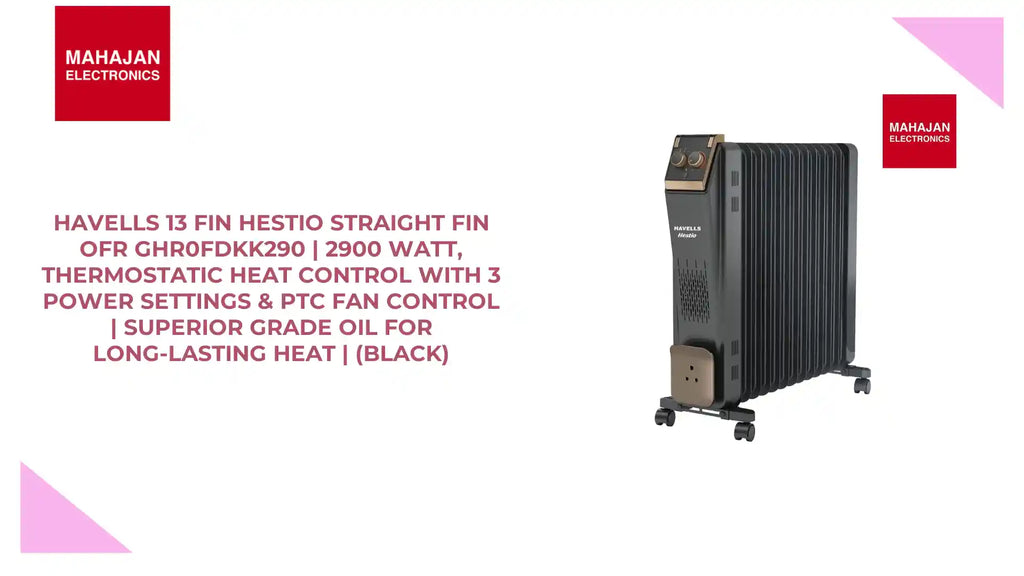 Havells 13 Fin Hestio Straight Fin OFR GHR0FDKK290 | 2900 Watt, Thermostatic heat control with 3 power settings & PTC fan control | Superior grade oil for long-lasting heat | (Black) by@Outfy