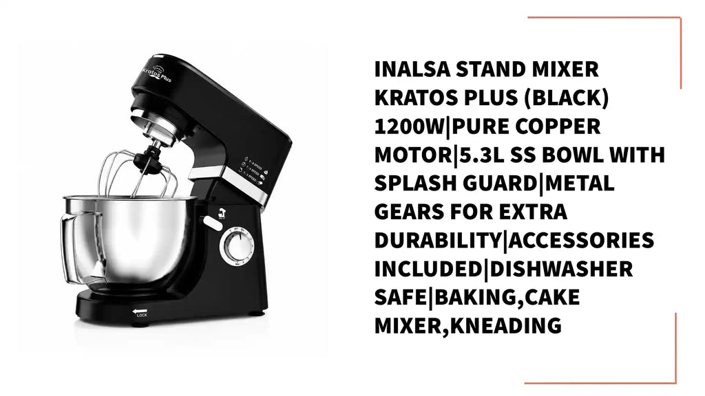 INALSA Stand Mixer Kratos Plus (Black) 1200W|Pure Copper Motor|5.3L SS Bowl With Splash Guard|Metal Gears for Extra Durability|Accessories Included|Dishwasher Safe|Baking,Cake Mixer,Kneading by@Outfy