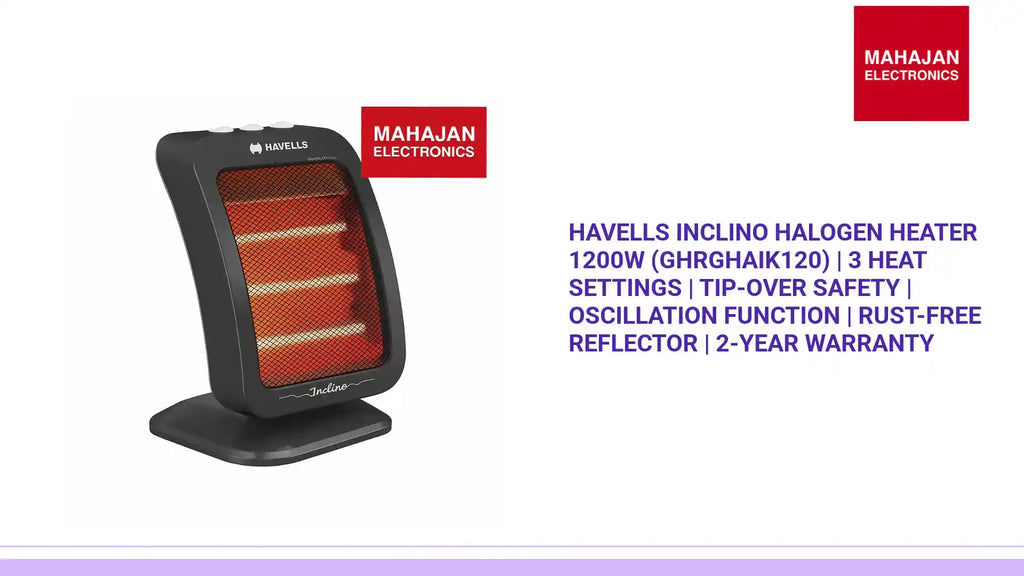 Havells Inclino Halogen Heater 1200W (GHRGHAIK120) | 3 Heat Settings | Tip-Over Safety | Oscillation Function | Rust-Free Reflector | 2-Year Warranty by@Outfy