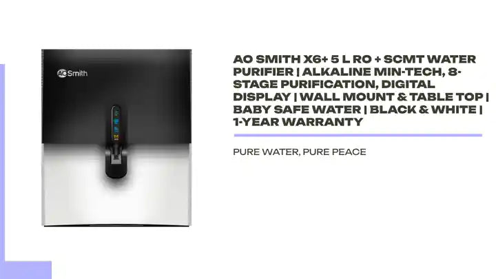 AO Smith X6+ 5 L RO + SCMT Water Purifier | Alkaline Min-TECH, 8-Stage Purification, Digital Display | Wall Mount &amp; Table Top | Baby Safe Water | Black &amp; White | 1-Year Warranty by@Outfy