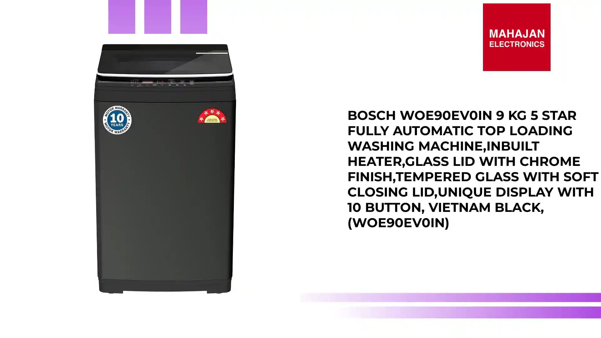 Bosch WOE90EV0IN 9 KG 5 Star Fully Automatic Top Loading Washing Machine,Inbuilt Heater,Glass Lid with chrome finish,Tempered Glass with Soft Closing Lid,Unique display with 10 Button, Vietnam Black,(WOE90EV0IN) by@Outfy