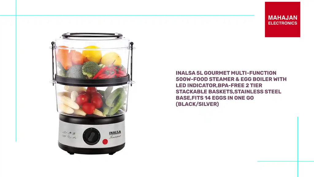 Inalsa 5L Gourmet Multi-Function 500W-Food Steamer & Egg Boiler with LED Indicator,BPA-Free 2 Tier Stackable Baskets,Stainless Steel Base,Fits 14 Eggs in One Go (Black/Silver) by@Outfy