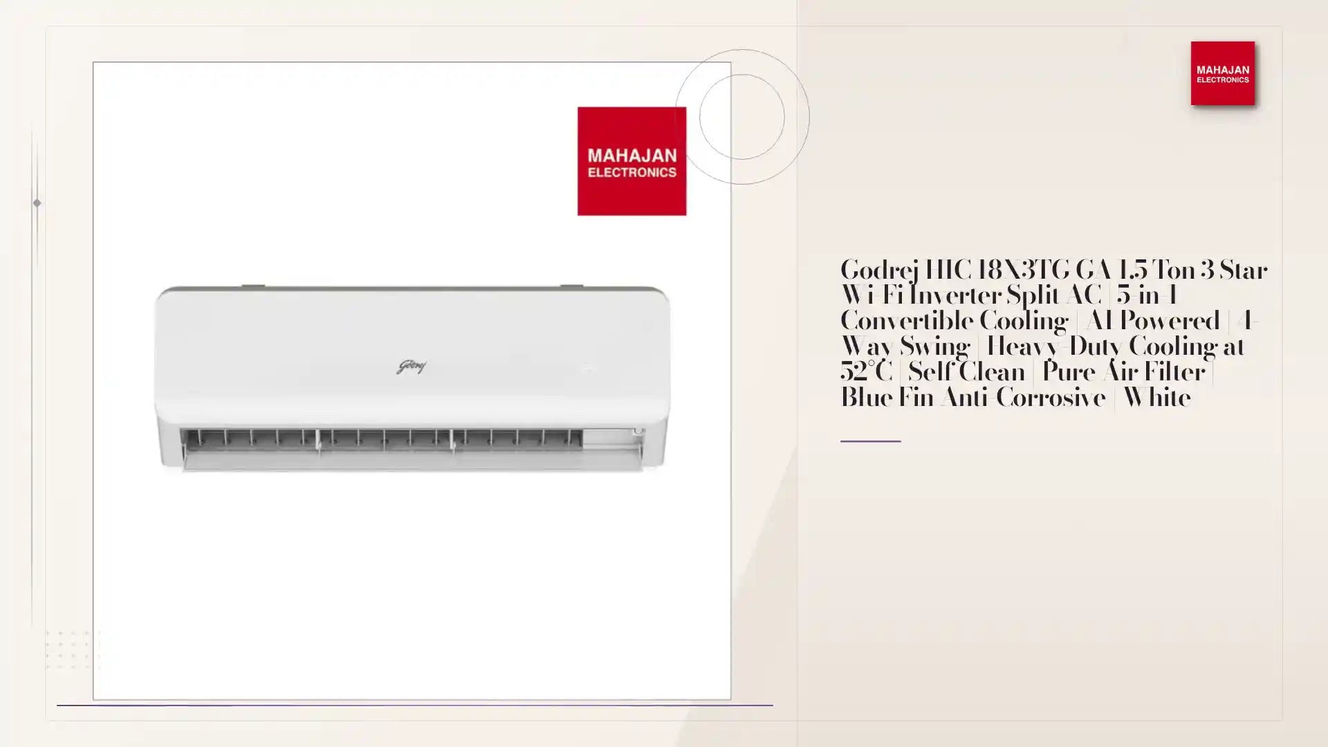 Godrej HIC 18X3TG GA 1.5 Ton 3 Star Wi-Fi Inverter Split AC | 5-in-1 Convertible Cooling | AI Powered | 4-Way Swing | Heavy-Duty Cooling at 52&deg;C | Self Clean | Pure Air Filter | Blue Fin Anti-Corrosive | White by@Outfy