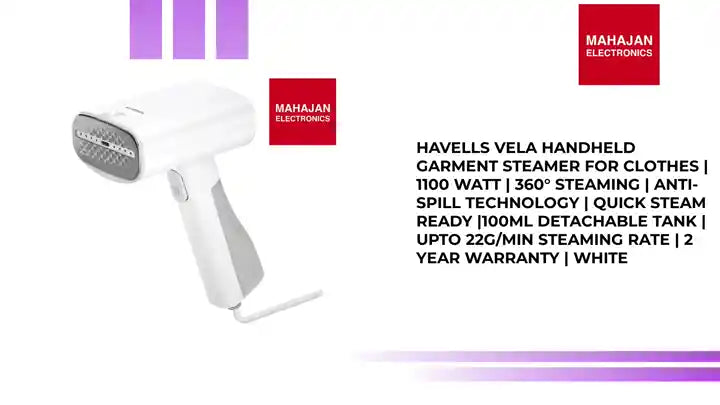 HAVELLS Vela Handheld Garment Steamer for Clothes | 1100 Watt | 360&deg; Steaming | Anti-Spill Technology | Quick Steam Ready |100ml Detachable Tank | Upto 22g/min Steaming Rate | 2 Year Warranty | White by@Outfy