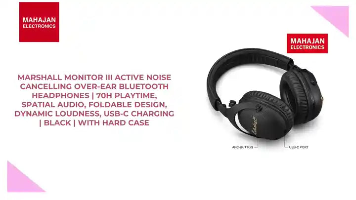 Marshall Monitor III Active Noise Cancelling Over-Ear Bluetooth Headphones | 70H Playtime, Spatial Audio, Foldable Design, Dynamic Loudness, USB-C Charging | Black | With Hard Case by@Outfy