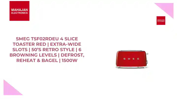 SMEG TSF02RDEU 4 Slice Toaster Red | Extra-Wide Slots | 50&rsquo;s Retro Style | 6 Browning Levels | Defrost, Reheat &amp; Bagel | 1500W by@Outfy