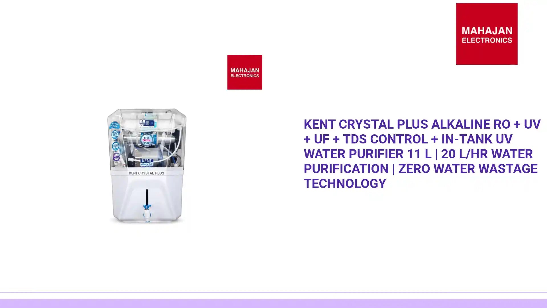 KENT Crystal Plus Alkaline RO + UV + UF + TDS Control + in-Tank UV Water Purifier 11 L | 20 L/hr Water Purification | Zero Water Wastage Technology by@Outfy
