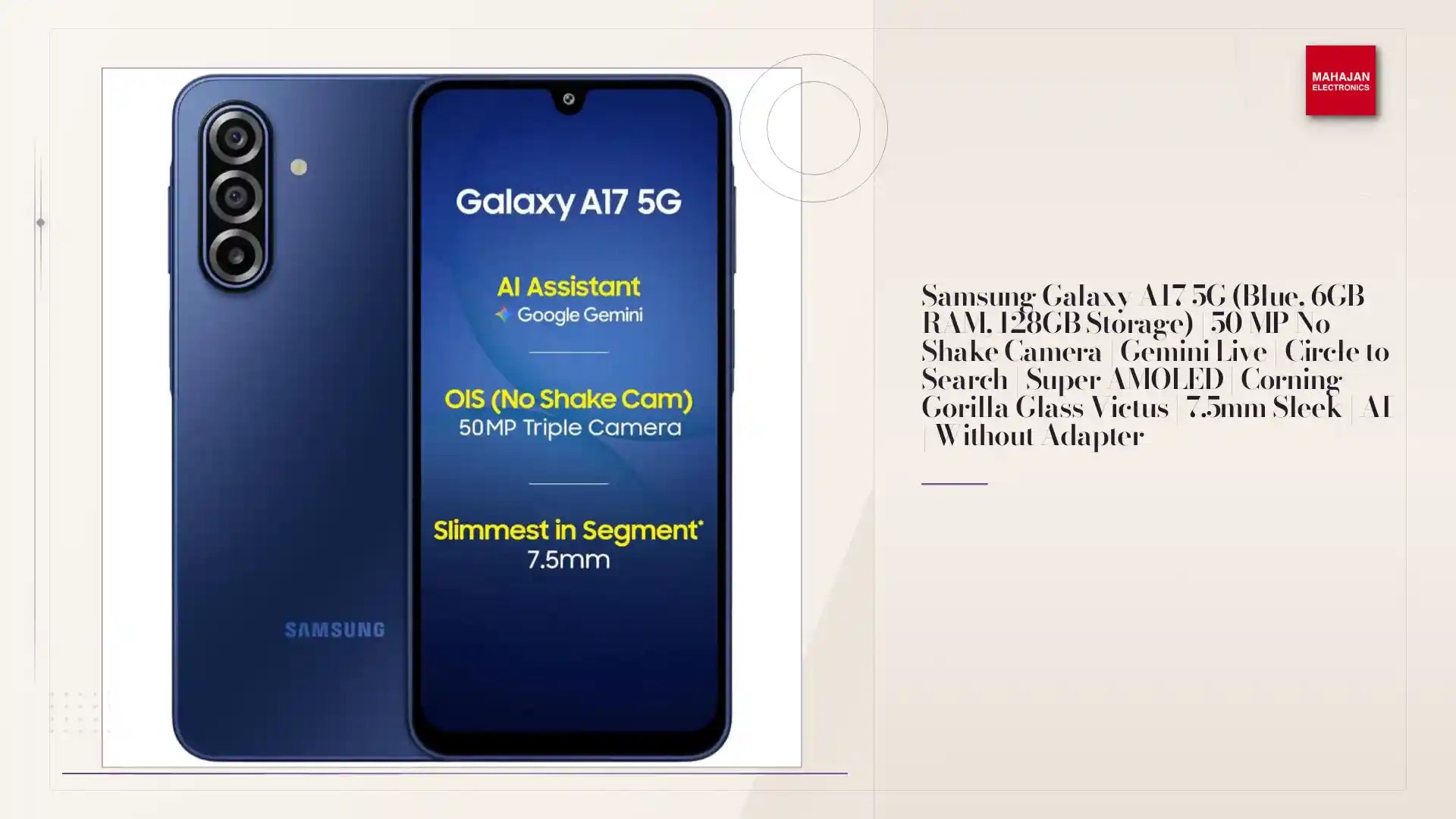 Samsung Galaxy A17 5G (Blue, 6GB RAM, 128GB Storage) | 50 MP No Shake Camera | Gemini Live | Circle to Search | Super AMOLED | Corning Gorilla Glass Victus | 7.5mm Sleek | AI | Without Adapter by@Outfy