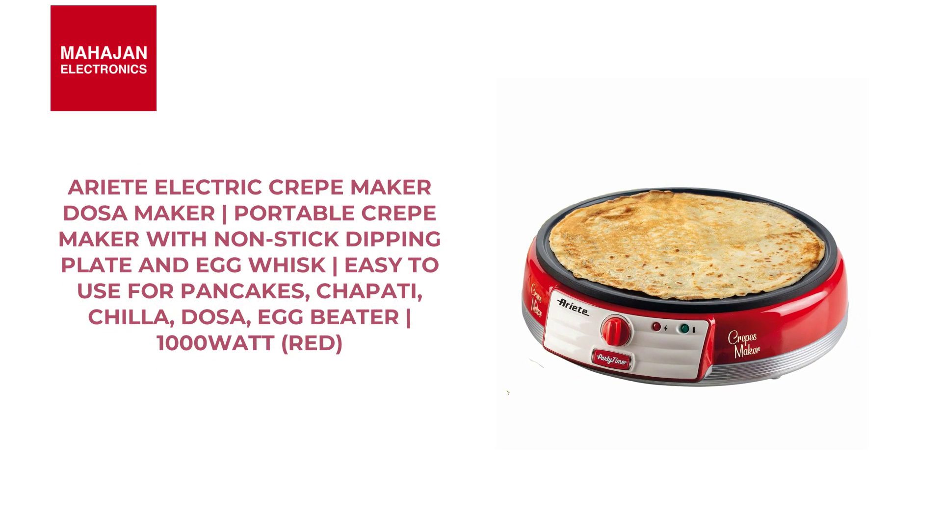 Ariete Electric Crepe Maker Dosa Maker | Portable Crepe Maker with Non-Stick Dipping Plate and Egg Whisk | Easy to Use for Pancakes, Chapati, Chilla, Dosa, Egg Beater | 1000Watt (Red) by@Outfy