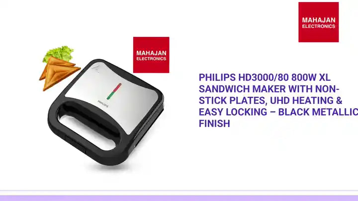 Philips HD3000/80 800W XL Sandwich Maker with Non-Stick Plates, UHD Heating &amp; Easy Locking &ndash; Black Metallic Finish by@Outfy