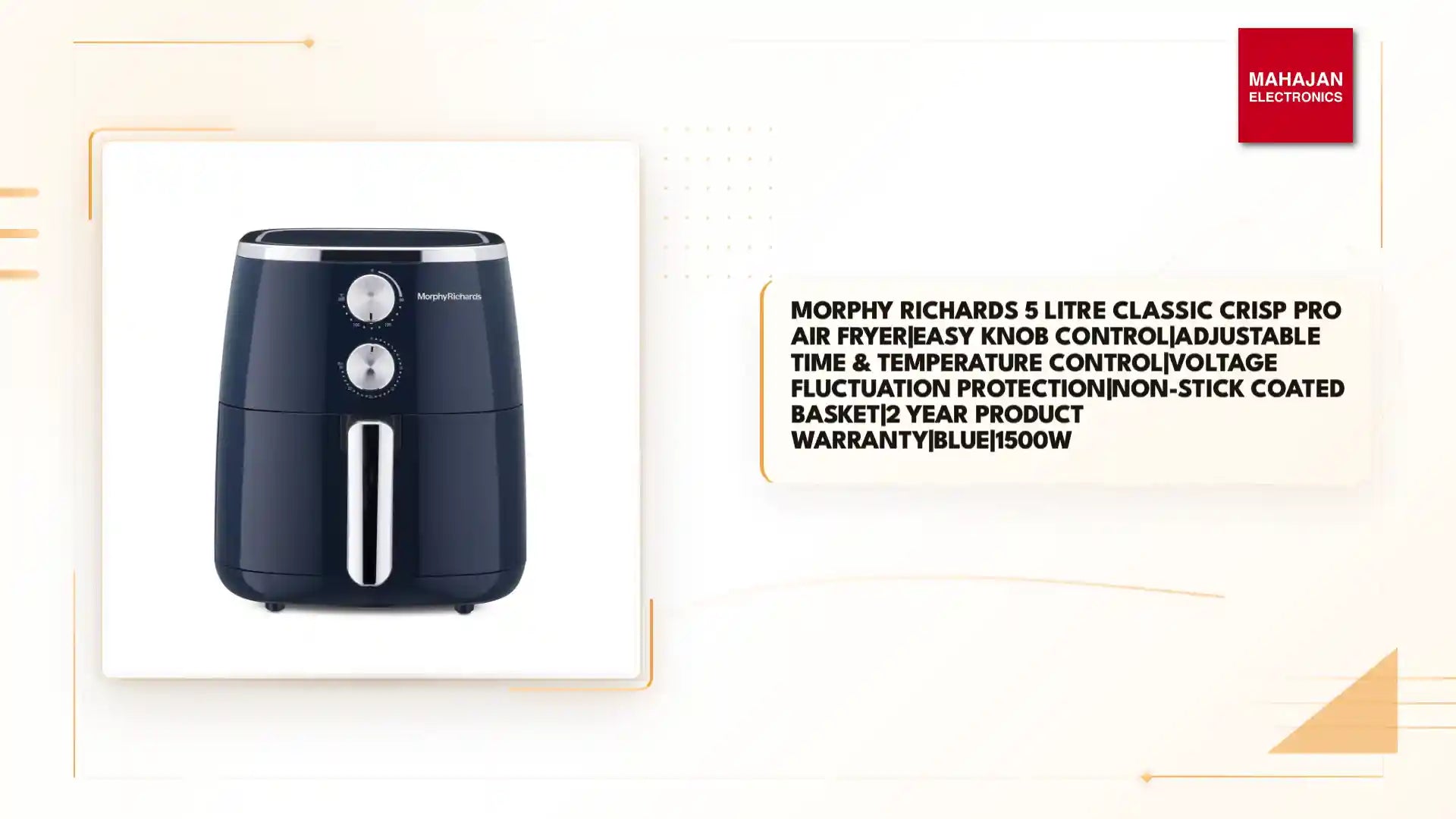 Morphy Richards 5 Litre Classic Crisp Pro Air Fryer|Easy Knob Control|Adjustable Time &amp; Temperature Control|Voltage Fluctuation Protection|Non-stick Coated Basket|2 Year Product Warranty|Blue|1500W by@Outfy