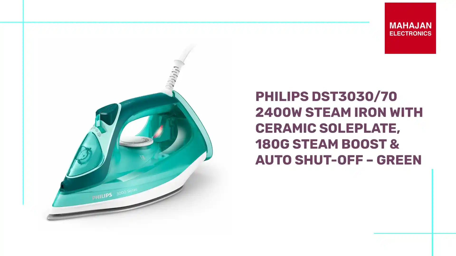 Philips DST3030/70 2400W Steam Iron with Ceramic Soleplate, 180g Steam Boost &amp; Auto Shut-Off &ndash; Green by@Outfy