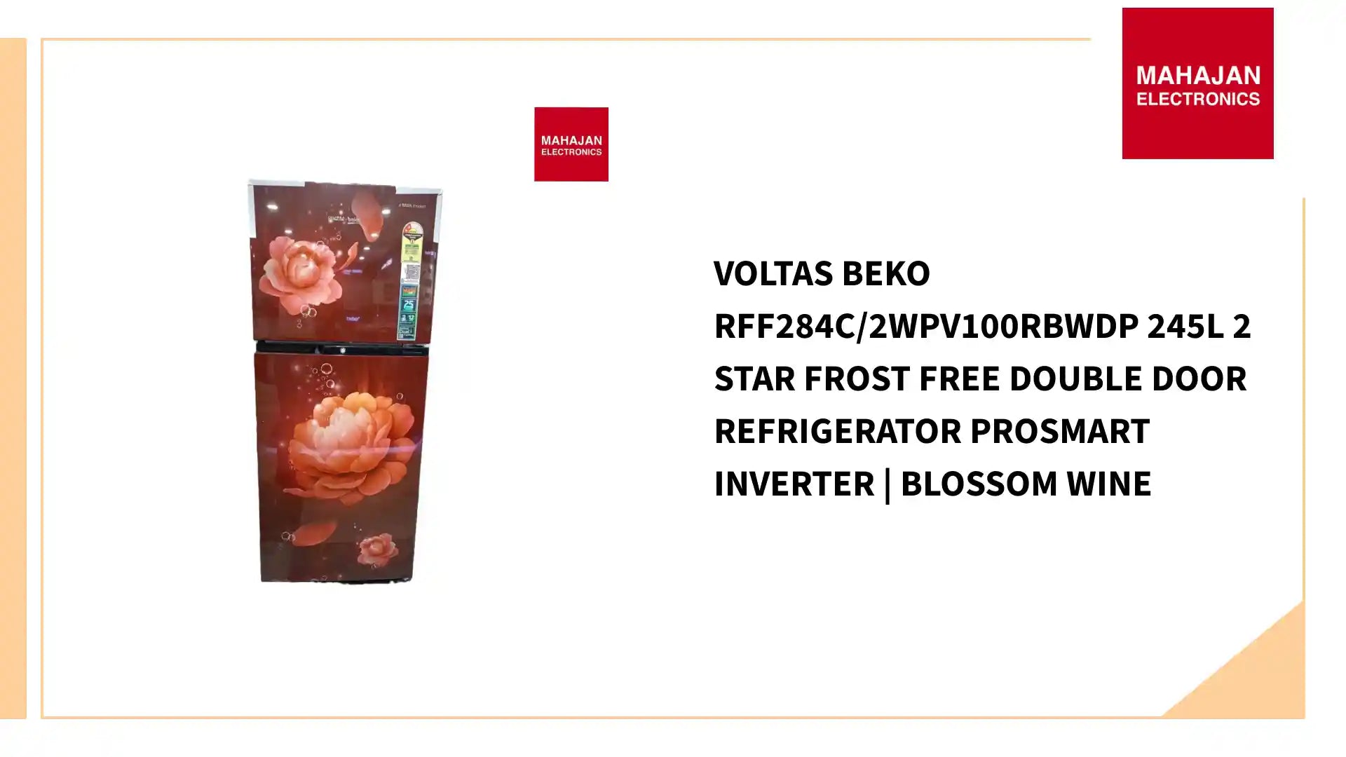 Voltas Beko RFF284C/2WPV100RBWDP 245L 2 Star Frost Free Double Door Refrigerator ProSmart Inverter | Blossom Wine by@Outfy