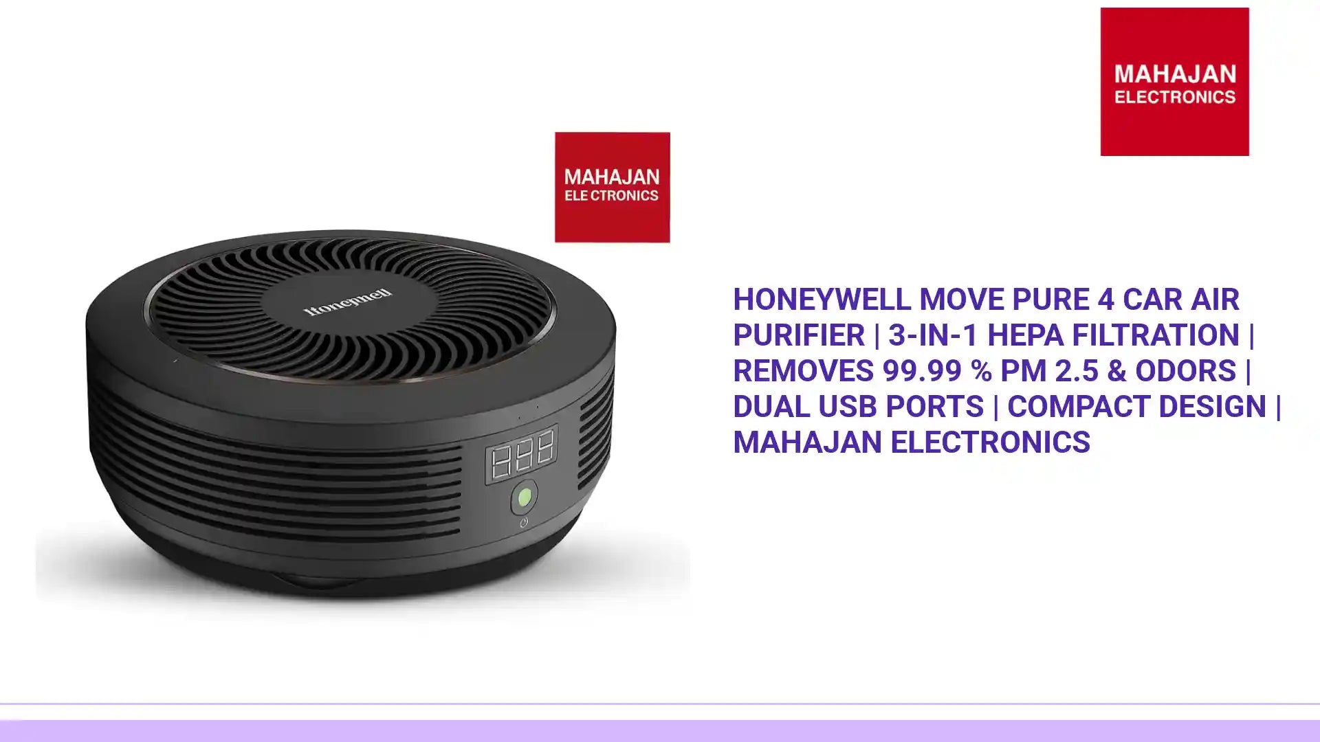 Honeywell Move Pure 4 Car Air Purifier | 3-in-1 HEPA Filtration | Removes 99.99 % PM 2.5 &amp; Odors | Dual USB Ports | Compact Design | Mahajan Electronics by@Outfy