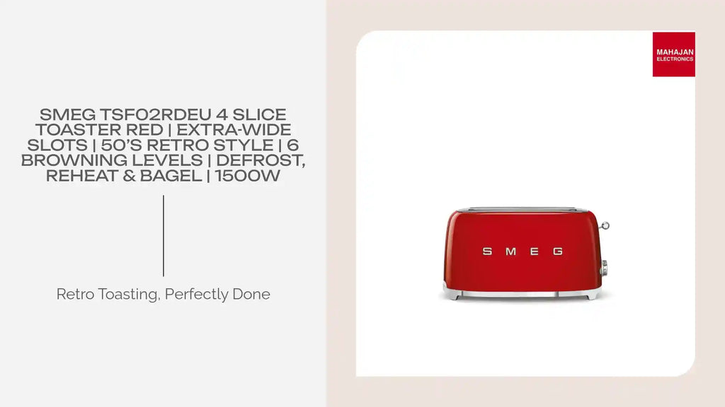 SMEG TSF02RDEU 4 Slice Toaster Red | Extra-Wide Slots | 50&rsquo;s Retro Style | 6 Browning Levels | Defrost, Reheat & Bagel | 1500W by@Outfy