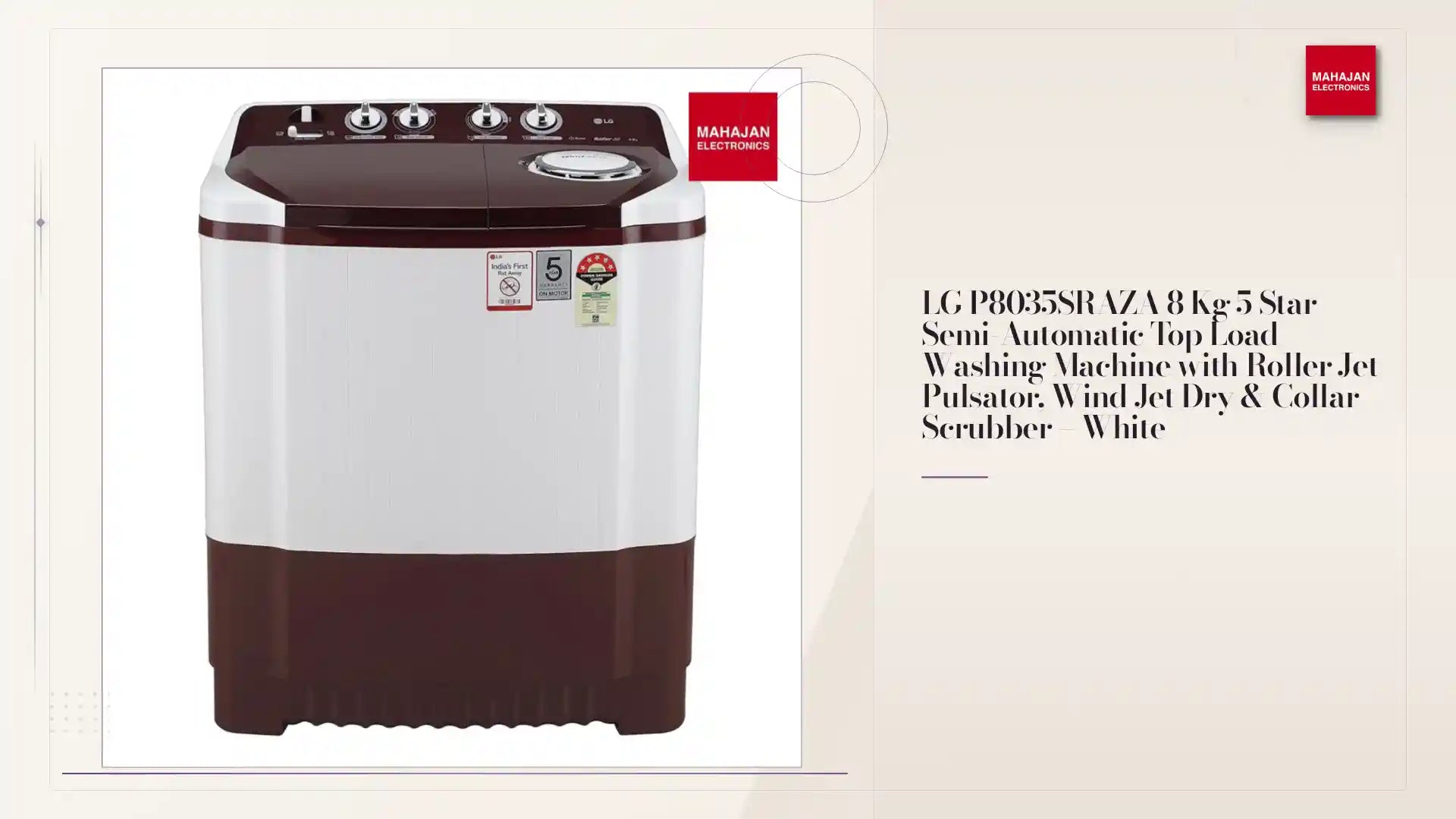 LG P8035SRAZA 8 Kg 5 Star Semi-Automatic Top Load Washing Machine with Roller Jet Pulsator, Wind Jet Dry &amp; Collar Scrubber &ndash; White by@Outfy