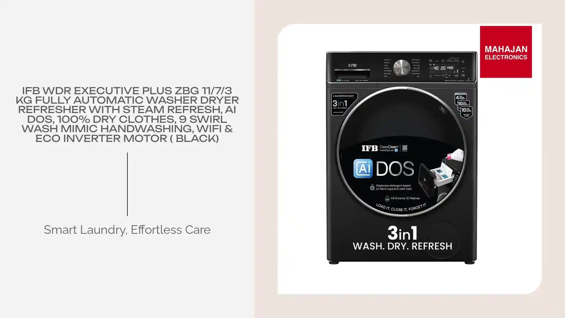 IFB WDR Executive Plus ZBG 11/7/3 kg Fully Automatic Washer Dryer Refresher with Steam Refresh, AI DOS, 100% Dry Clothes, 9 Swirl Wash Mimic Handwashing, WiFi &amp; Eco Inverter Motor ( Black) by@Outfy