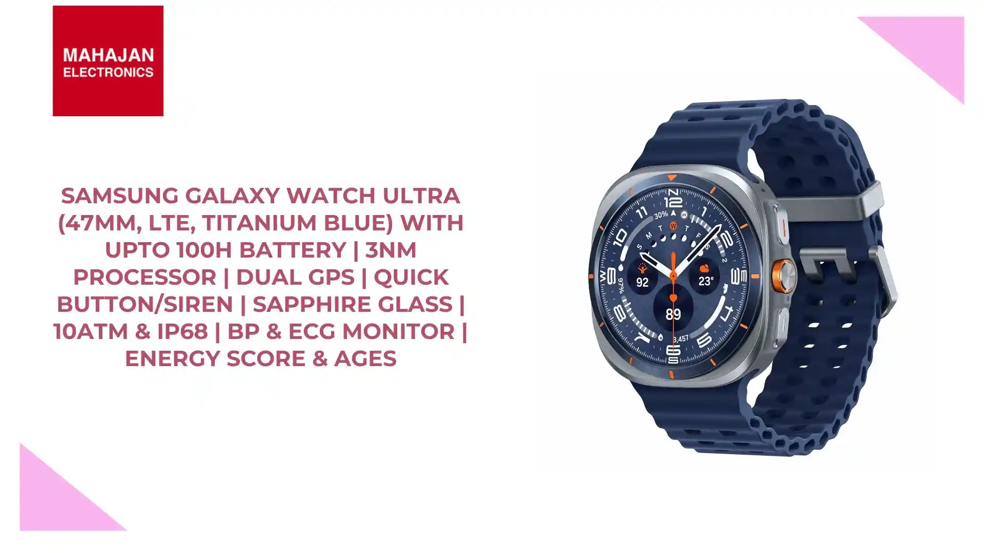 Samsung Galaxy Watch Ultra (47mm, LTE, Titanium Blue) with Upto 100h Battery | 3nm Processor | Dual GPS | Quick Button/Siren | Sapphire Glass | 10ATM &amp; IP68 | BP &amp; ECG Monitor | Energy Score &amp; Ages by@Outfy