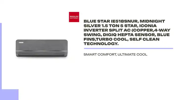 Blue Star IE518SNUR, Midnight Silver 1.5 Ton 5 Star, Iconia Inverter Split AC (Copper,4-Way Swing, DigiQ Hepta Sensor, Blue Fins,Turbo Cool, Self Clean Technology. by@Outfy
