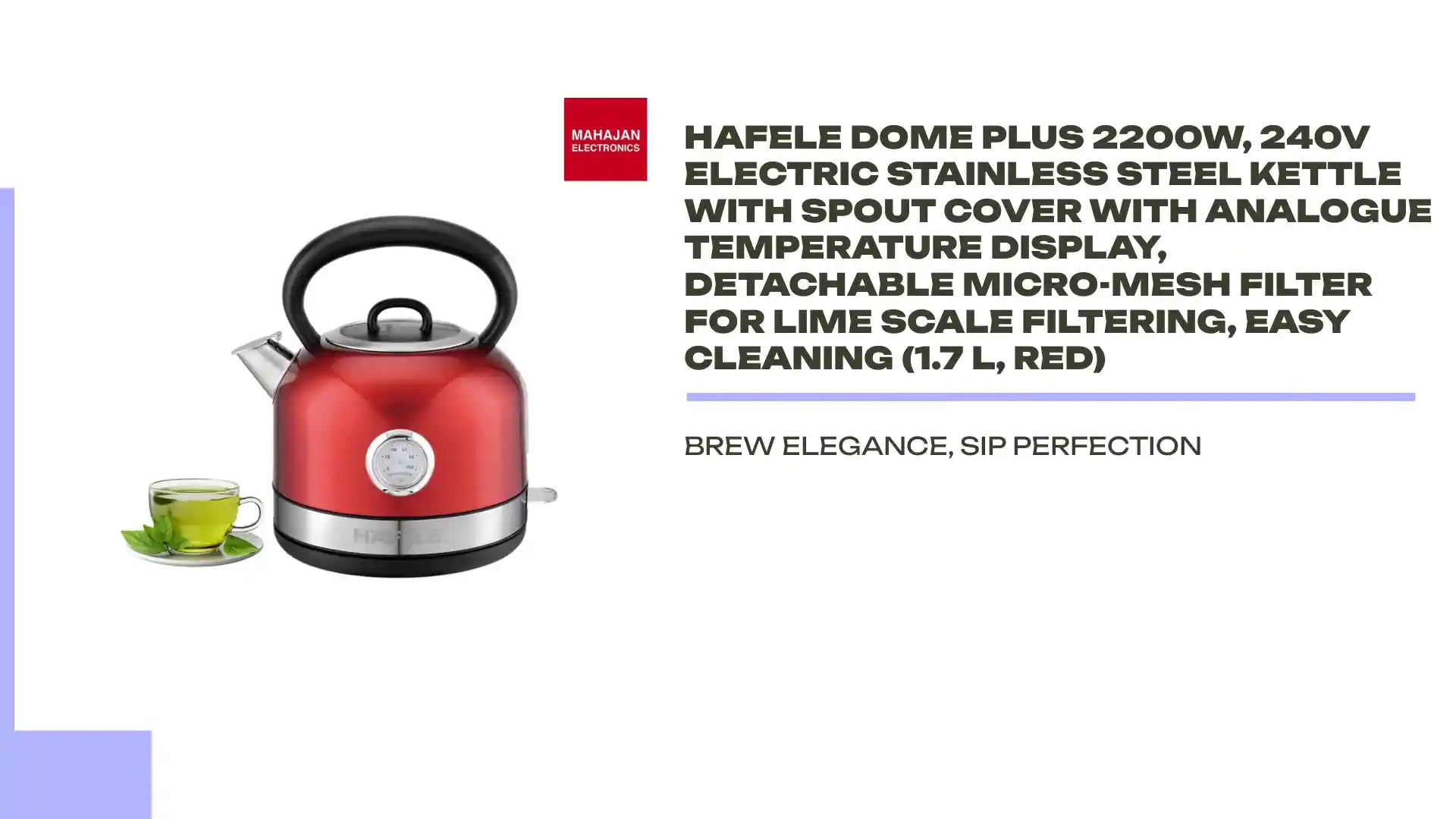Hafele Dome Plus 2200W, 240V Electric Stainless Steel Kettle with Spout Cover with Analogue Temperature Display, Detachable Micro-Mesh Filter for Lime Scale Filtering, Easy Cleaning (1.7 L, Red) by@Outfy