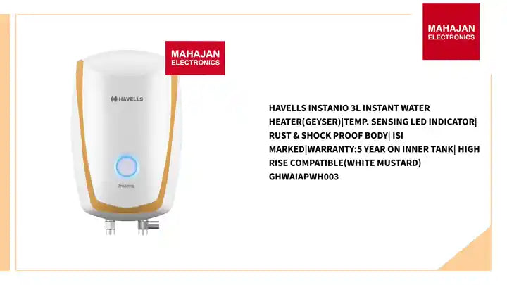 Havells Instanio 3L Instant Water Heater(Geyser)|Temp. Sensing LED Indicator| Rust &amp; Shock Proof Body| ISI Marked|Warranty:5 year on Inner Tank| High Rise Compatible(White Mustard) GHWAIAPWH003 by@Outfy