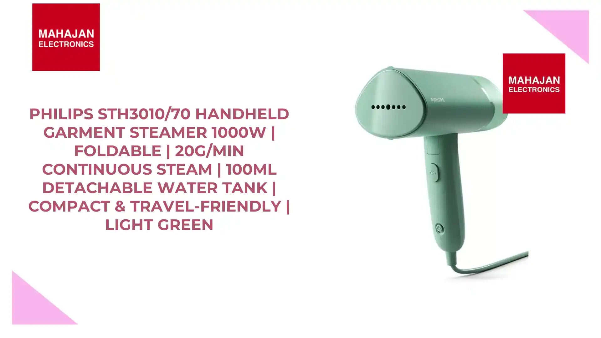 Philips STH3010/70 Handheld Garment Steamer 1000W | Foldable | 20g/min Continuous Steam | 100ml Detachable Water Tank | Compact &amp; Travel-Friendly | Light Green by@Outfy
