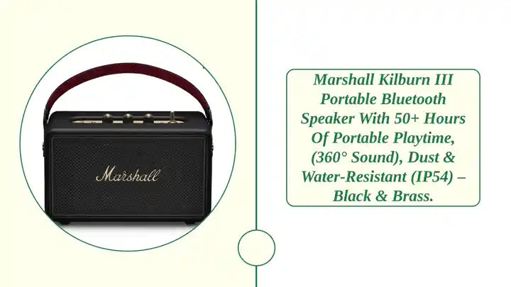 Marshall Kilburn III Portable Bluetooth Speaker with 50+ Hours of Portable Playtime, (360&deg; Sound), Dust &amp; Water-Resistant (IP54) &ndash; Black &amp; Brass. by@Outfy