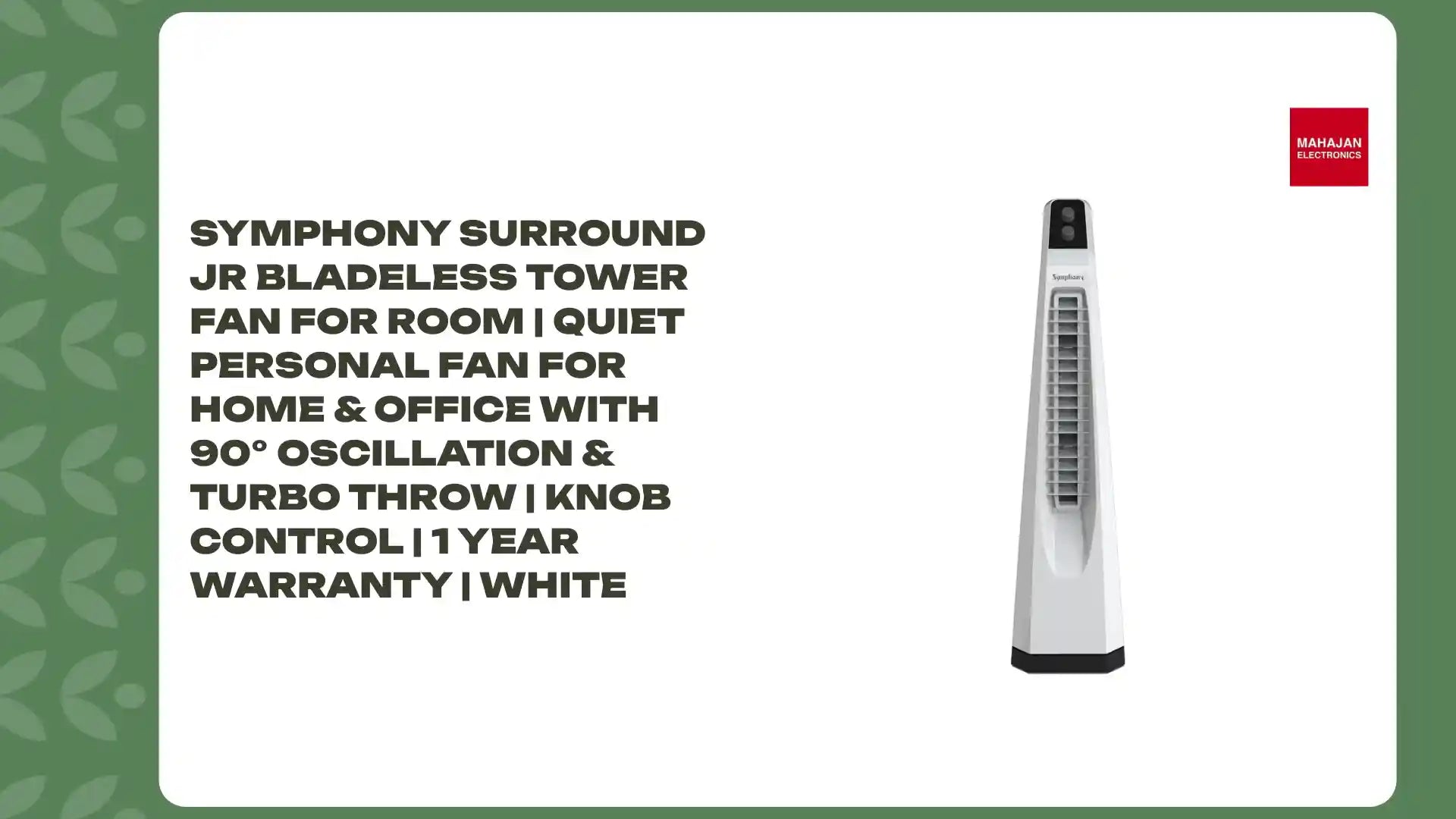 Symphony Surround JR Bladeless Tower Fan for Room | Quiet Personal Fan for Home &amp; Office with 90&deg; Oscillation &amp; Turbo Throw | Knob Control | 1 Year Warranty | White by@Outfy