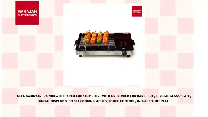 Glen SA3074 Infra 2000W Infrared Cooktop Stove with Grill Rack for Barbecue, Crystal Glass Plate, Digital Display, 3 Preset Cooking Modes, Touch Control, Infrared Hot Plate by@Outfy