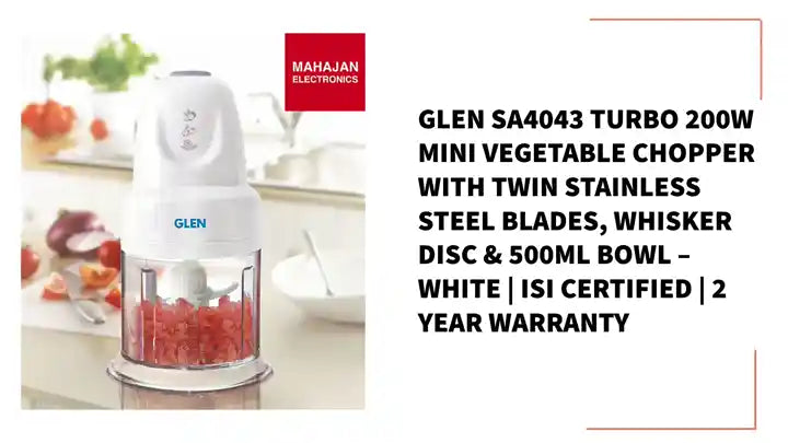 Glen SA4043 TURBO 200W Mini Vegetable Chopper with Twin Stainless Steel Blades, Whisker Disc &amp; 500ml Bowl &ndash; White | ISI Certified | 2 Year Warranty by@Outfy