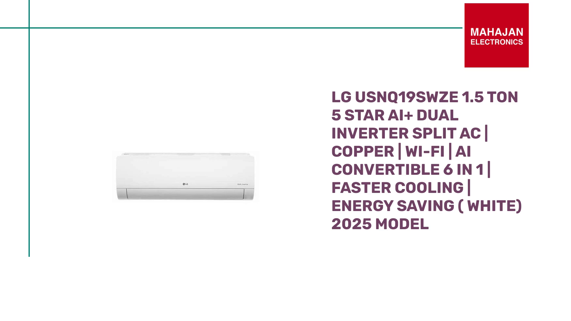 LG USNQ19SWZE 1.5 Ton 5 Star AI+ DUAL Inverter Split AC | Copper | Wi-Fi | AI Convertible 6 in 1 | Faster Cooling | Energy Saving ( White) 2025 Model by@Outfy