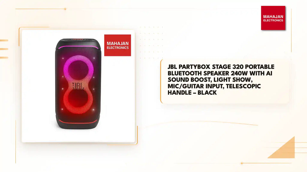 JBL PartyBox Stage 320 Portable Bluetooth Speaker 240W with AI Sound Boost, Light Show, Mic/Guitar Input, Telescopic Handle &ndash; Black by@Outfy