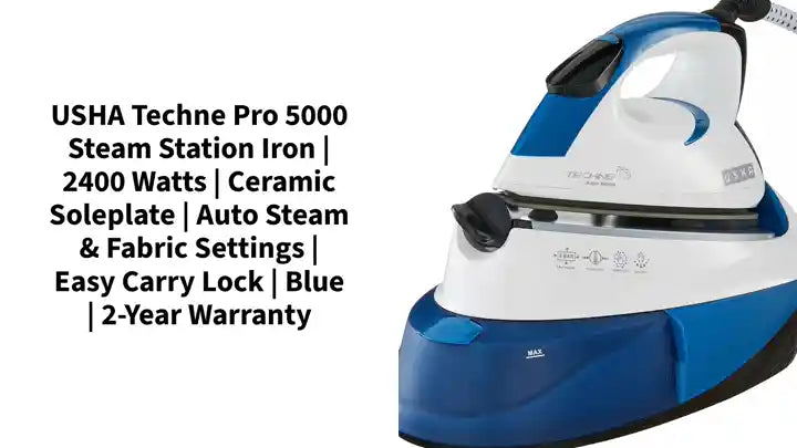 USHA Techne Pro 5000 Steam Station Iron | 2400 Watts | Ceramic Soleplate | Auto Steam &amp; Fabric Settings | Easy Carry Lock | Blue | 2-Year Warranty by@Outfy