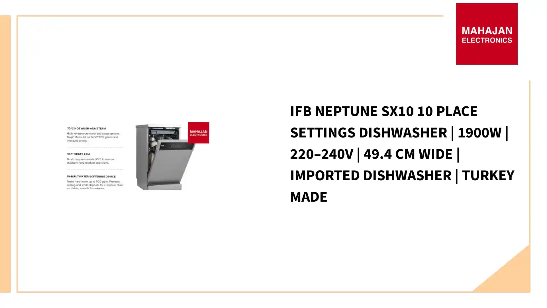 IFB Neptune SX10 10 Place Settings Dishwasher | 1900W | 220&ndash;240V | 49.4 cm Wide | Imported Dishwasher | Turkey Made by@Outfy