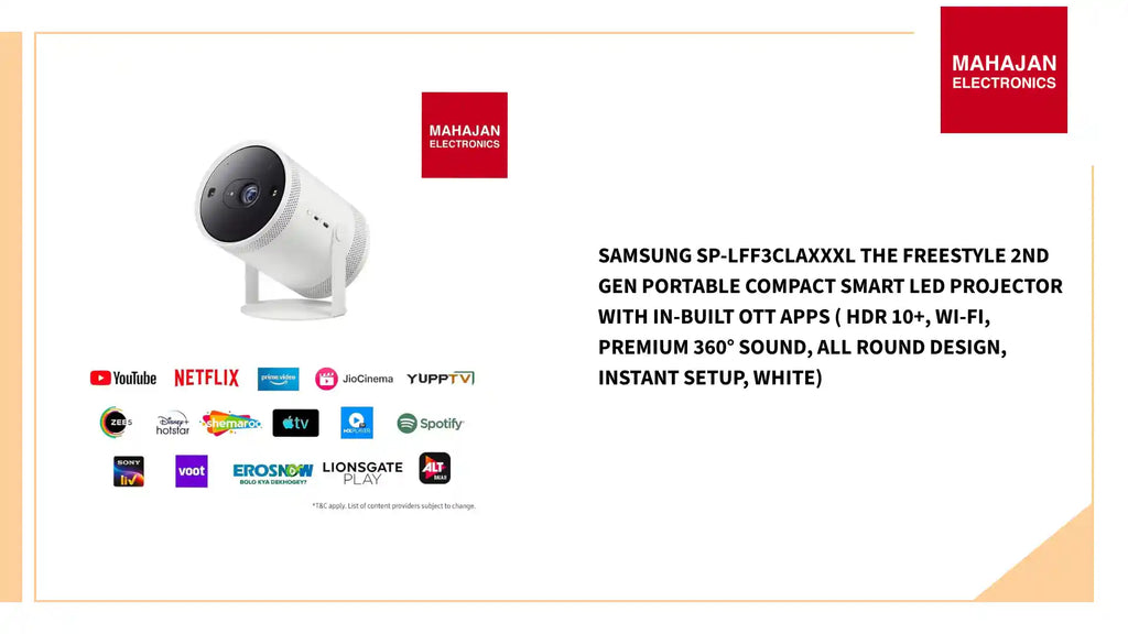 Samsung SP-LFF3CLAXXXL The Freestyle 2nd Gen Portable Compact Smart LED Projector with in-Built OTT Apps ( HDR 10+, Wi-Fi, Premium 360&deg; Sound, All Round Design, Instant Setup, White) by@Outfy