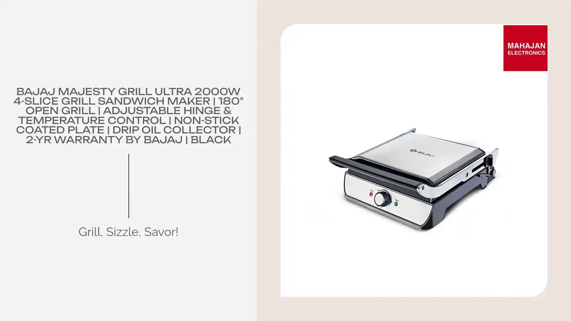 Bajaj Majesty Grill Ultra 2000W 4-Slice Grill Sandwich Maker | 180&deg; Open Grill | Adjustable Hinge &amp; Temperature Control | Non-Stick Coated Plate | Drip Oil Collector | 2-Yr Warranty by Bajaj | Black by@Outfy