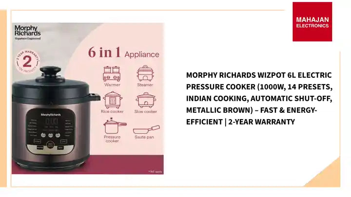 Morphy Richards WizPot 6L Electric Pressure Cooker (1000W, 14 Presets, Indian Cooking, Automatic Shut-Off, Metallic Brown) &ndash; Fast &amp; Energy-Efficient | 2-Year Warranty by@Outfy