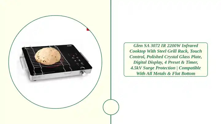 Glen SA 3072 IR 2200W Infrared Cooktop with Steel Grill Rack, Touch Control, Polished Crystal Glass Plate, Digital Display, 4 Preset &amp; Timer, 4.5kV Surge Protection | Compatible with All Metals &amp; Flat Bottom by@Outfy