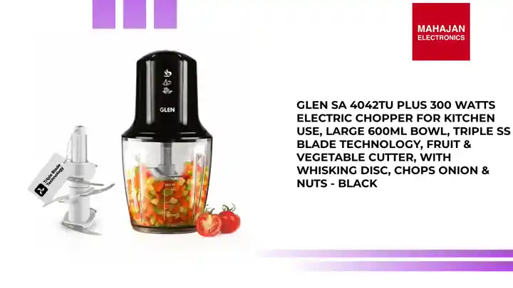Glen SA 4042TU PLUS 300 Watts Electric Chopper for Kitchen Use, Large 600ml Bowl, Triple SS Blade Technology, Fruit &amp; Vegetable Cutter, with Whisking Disc, Chops Onion &amp; Nuts - Black by@Outfy