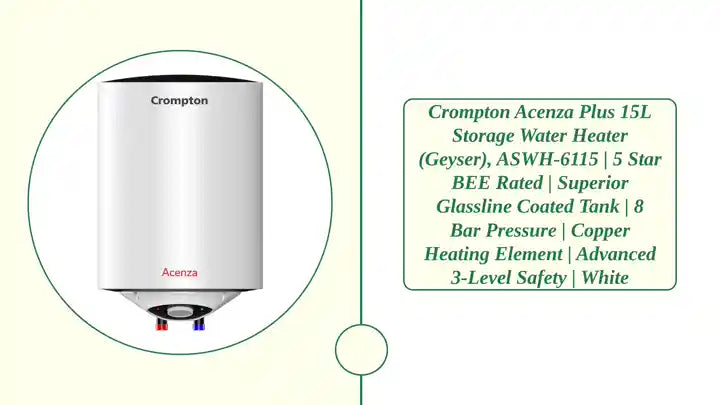Crompton Acenza Plus 15L Storage Water Heater (Geyser), ASWH-6115 | 5 Star BEE Rated | Superior Glassline Coated Tank | 8 Bar Pressure | Copper Heating Element | Advanced 3-Level Safety | White by@Outfy