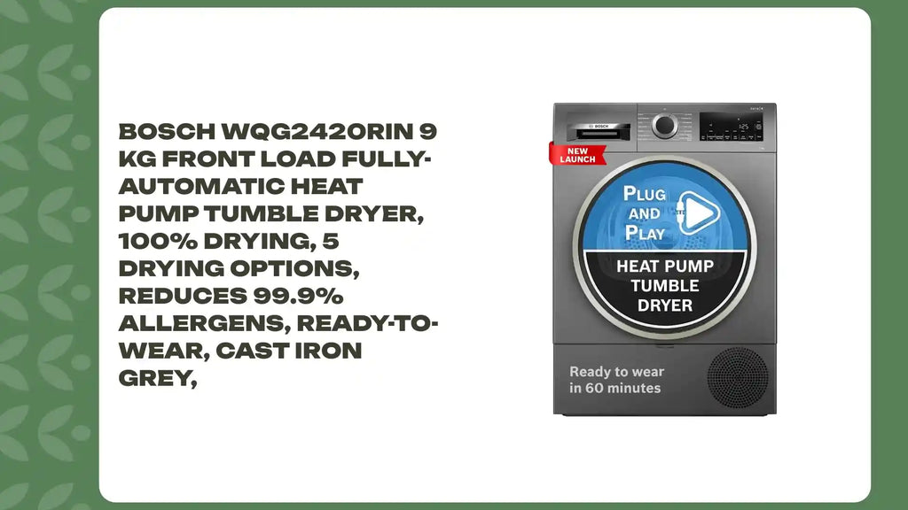 Bosch WQG2420RIN 9 kg Front Load Fully-Automatic Heat Pump Tumble Dryer, 100% Drying, 5 Drying Options, Reduces 99.9% Allergens, Ready-to-Wear, Cast Iron Grey, by@Outfy