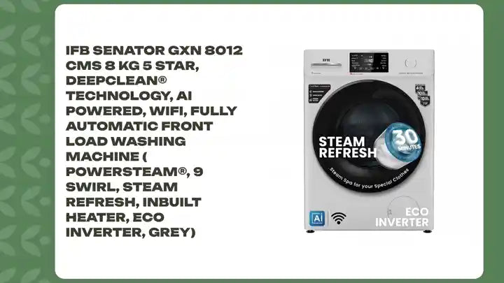 IFB SENATOR GXN 8012 CMS 8 Kg 5 Star, DeepClean&reg; Technology, AI Powered, WiFi, Fully Automatic Front Load Washing Machine ( PowerSteam&reg;, 9 Swirl, Steam Refresh, Inbuilt Heater, Eco Inverter, Grey) by@Outfy