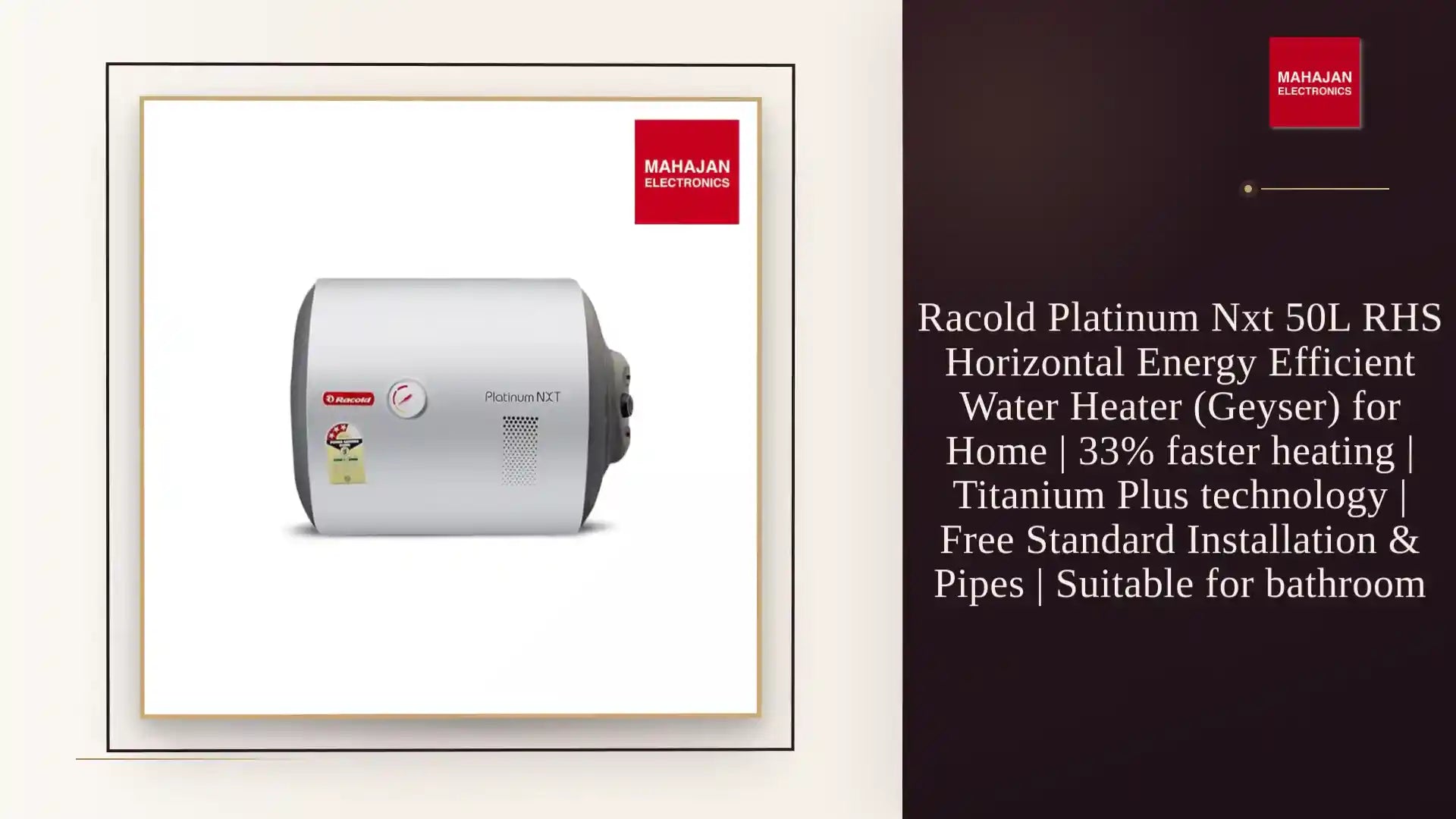Racold Platinum Nxt 50L RHS Horizontal Energy Efficient Water Heater (Geyser) for Home | 33% faster heating | Titanium Plus technology | Free Standard Installation &amp; Pipes | Suitable for bathroom by@Outfy