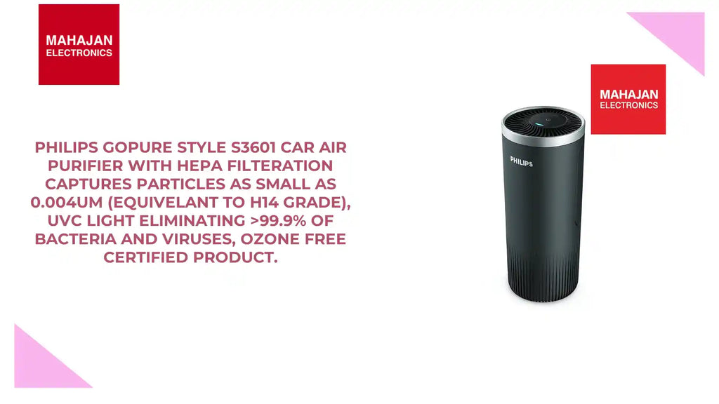 Philips GoPure Style S3601 Car Air Purifier with HEPA filteration captures particles as small as 0.004um (Equivelant to H14 Grade), UVC light eliminating >99.9% of bacteria and viruses, Ozone free certified product. by@Outfy