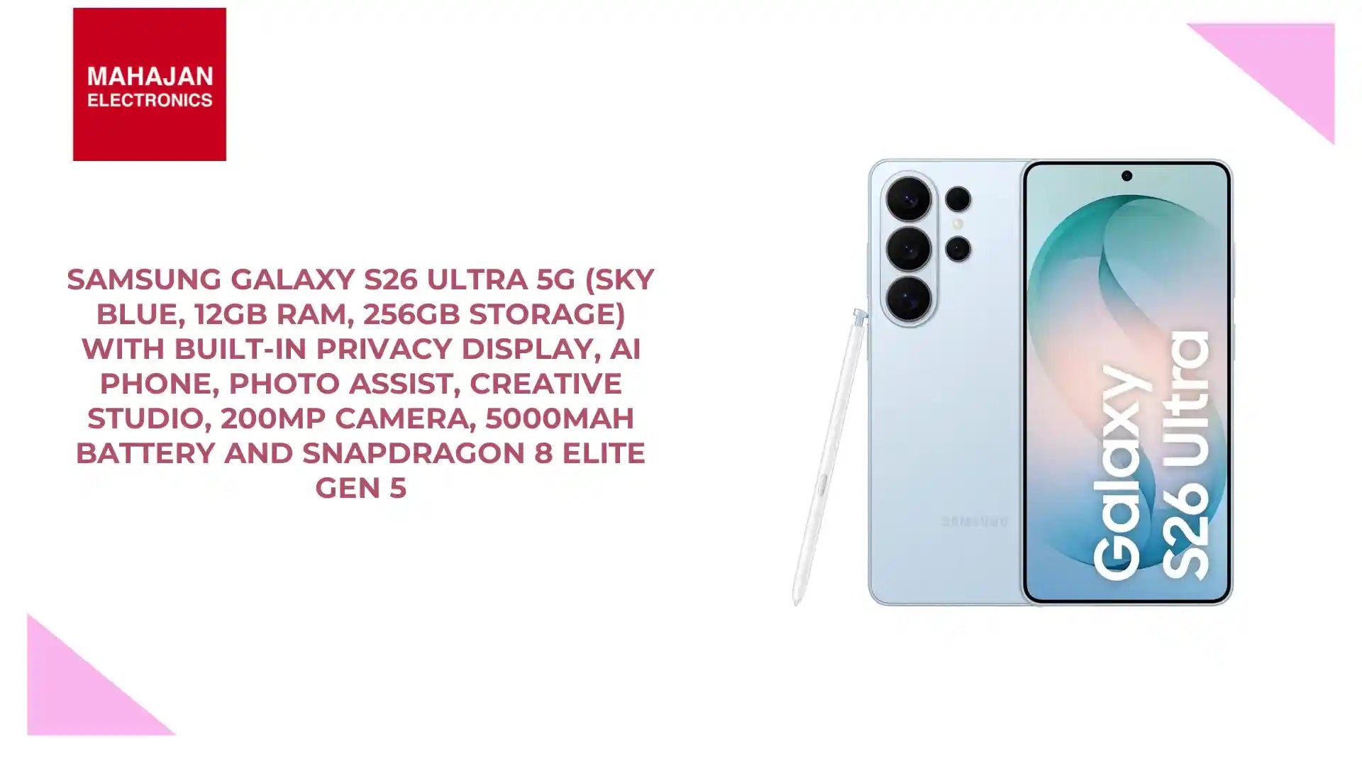 Samsung Galaxy S26 Ultra 5G (Sky Blue, 12GB RAM, 256GB Storage) with Built-in Privacy Display, AI Phone, Photo Assist, Creative Studio, 200MP Camera, 5000mAh Battery and Snapdragon 8 Elite Gen 5 by@Outfy