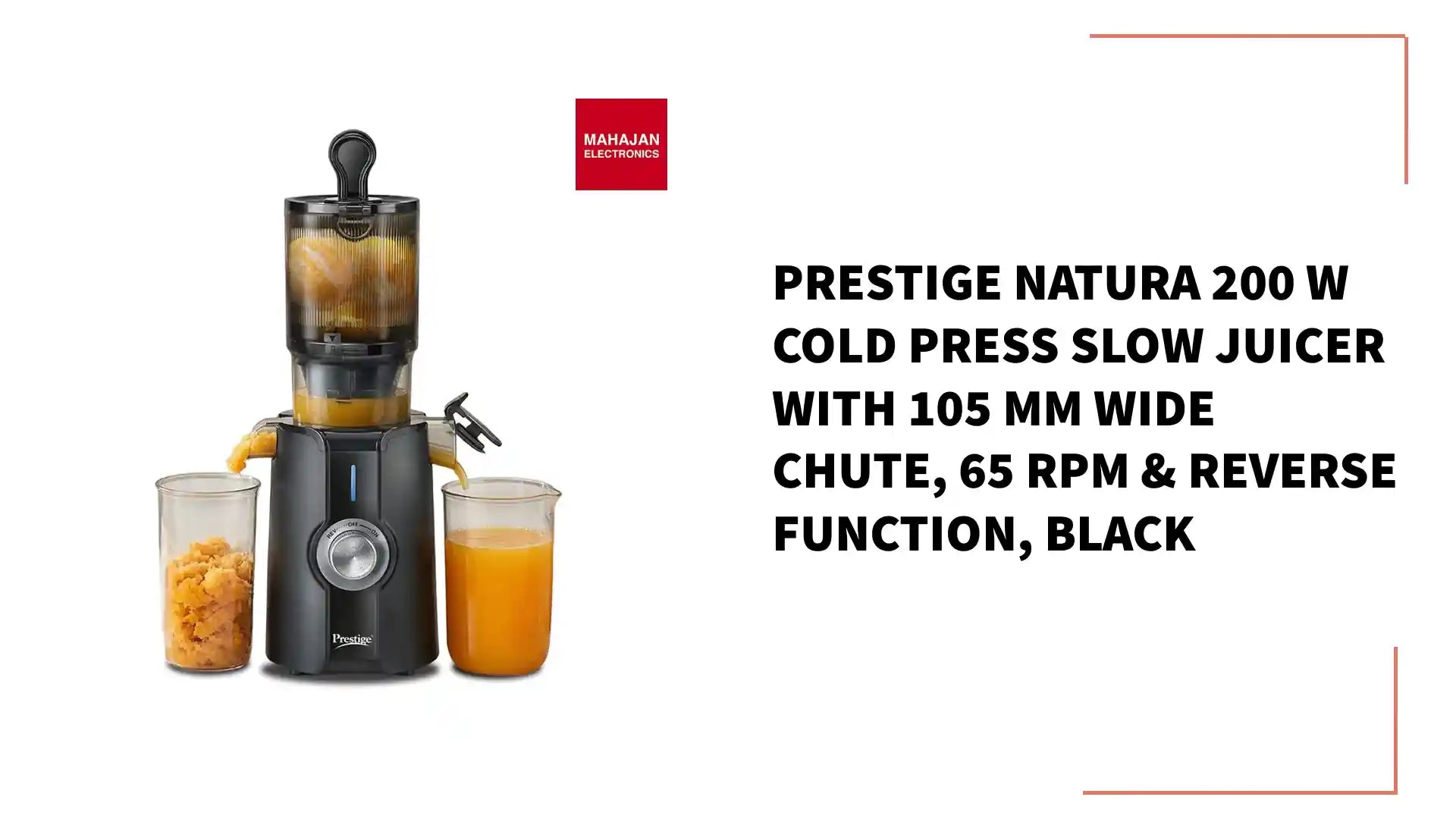 Prestige Natura 200 W Cold Press Slow Juicer with 105 mm Wide Chute, 65 RPM &amp; Reverse Function, Black by@Outfy